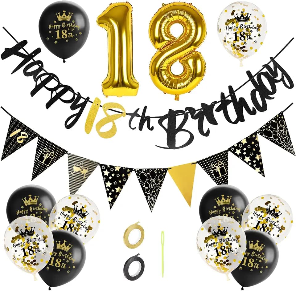 GoldRock Luftballons 18 Geburtstag Deko Schwarz Gold Set, Deko 18. Geburtstag Junge Mädchen, Geburtstagsdeko 18 mit Happy Birthday Girlande, Folienballon Zahl 18, Dekoration zum 18 Geburtstage