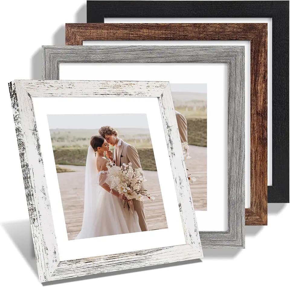 Hongkee 10x10 Picture Frame Set of 4, Real Glass and Wooden Frame, 8x8 Mat