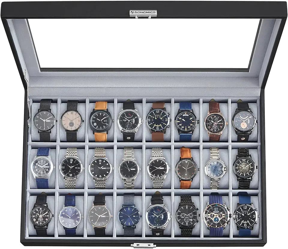 SONGMICS Uhrenbox mit Glasdeckel, 1 Ebene, für 24 Uhren, abschließbar