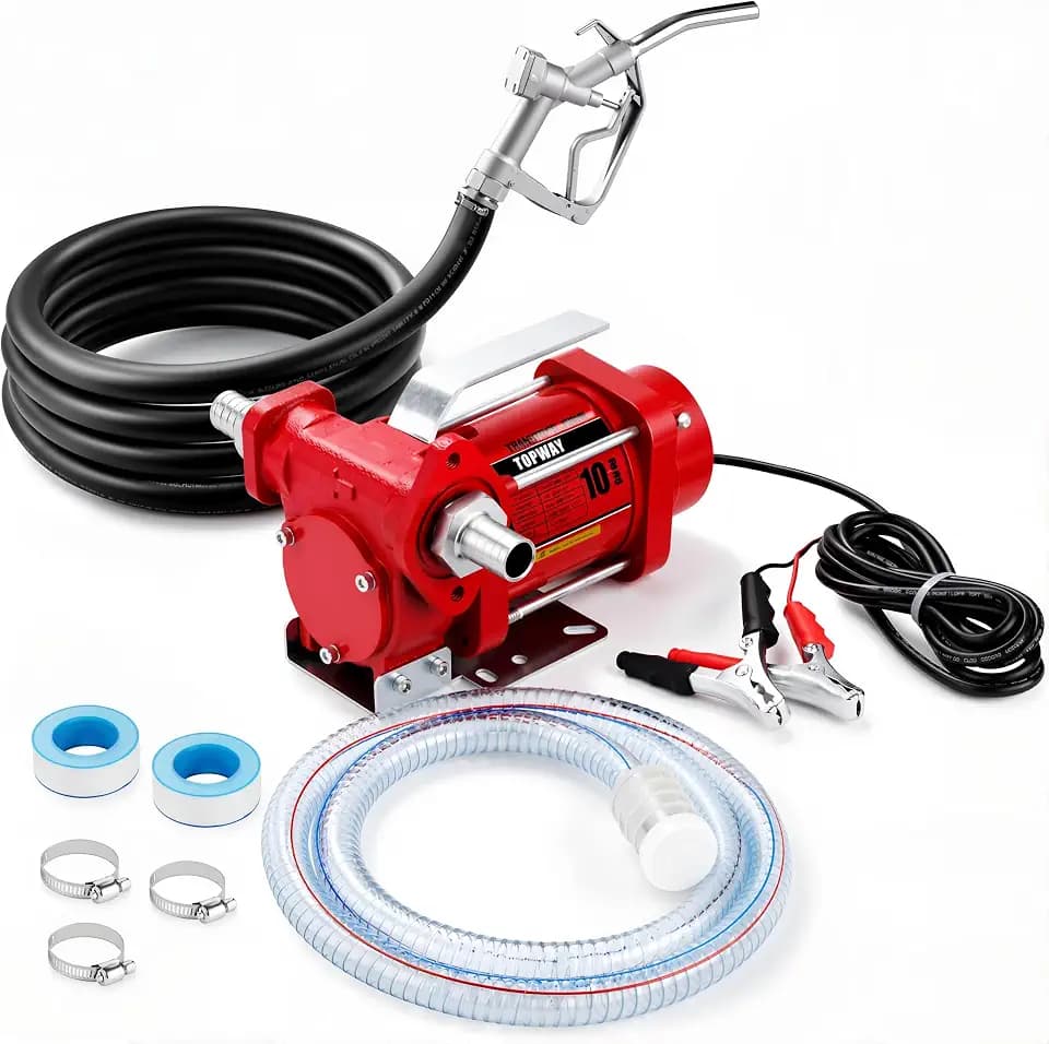 TOPWAY 12V Fuel Transfer Pump Kit, 10 GPM Self-Priming Diesel & Gasoline Pump, Explosion-Proof Portable Fuel Pump with Fuel Nozzle, Hose & Carry Case for Tractor, Truck, Cars