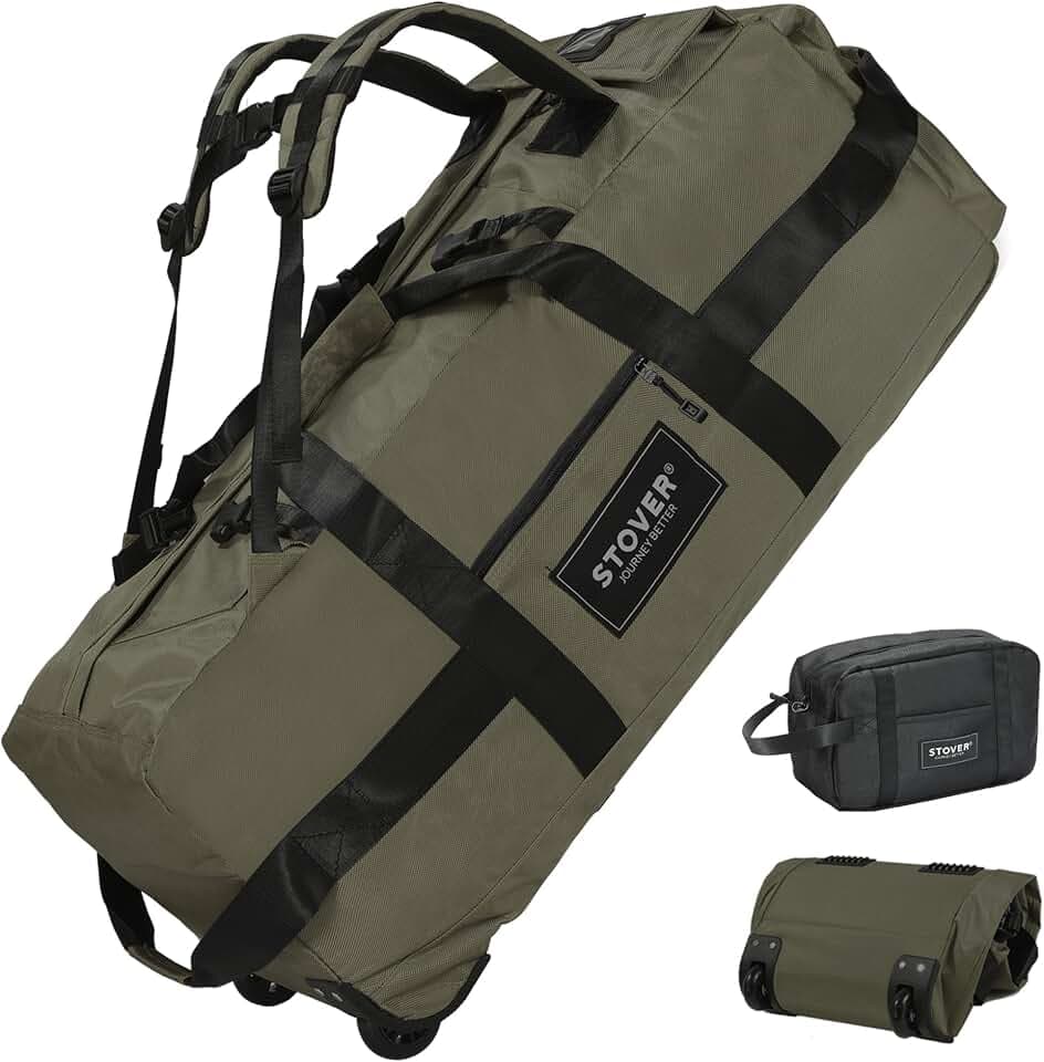 STOVER 45/80/100L Rolling Duffel Bag with Wheels, X-Large Durable Travel Duffle + Toiletry Bag, Heavy Duty, Packable with Shoulder Straps- Use as Luggage or Backpack, Men/Women (Green)