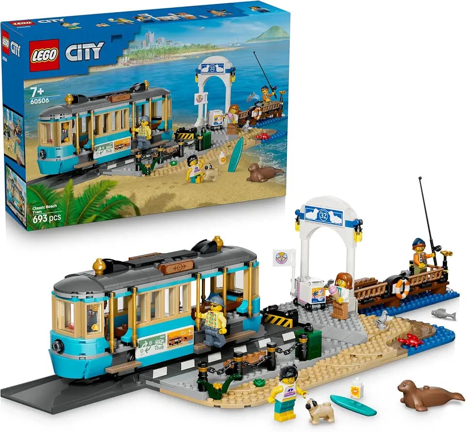 LEGO City Klassische Strandstraßenbahn Spielzeug - Modellbau mit Schienenstrecke, Straßenszene, 5 Minifiguren und 5 Tierfiguren - Geburtstagsgeschenk für Jungen ab 7 Jahren - 60506