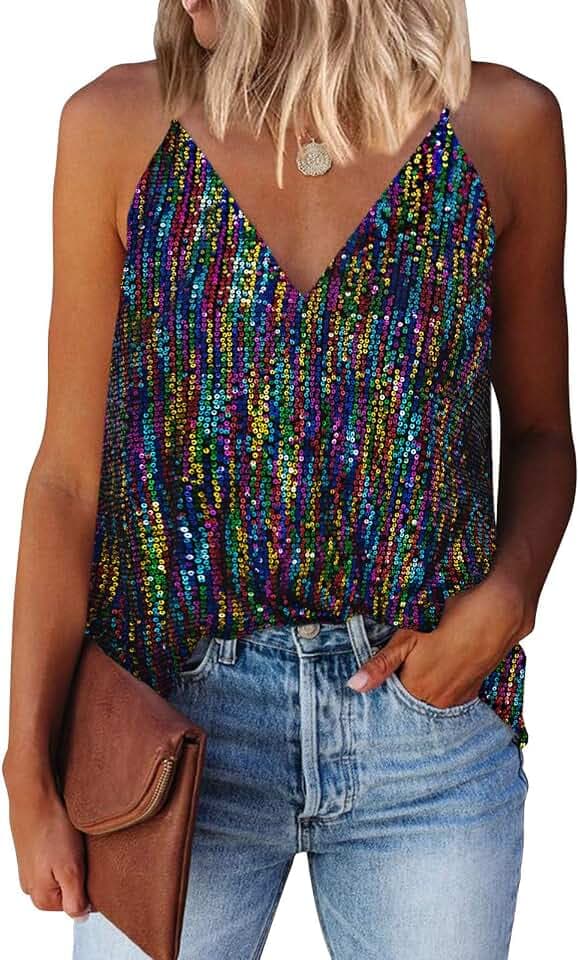 miduo Womens Tanks Tops Summer Sparkle Sequin Tops V Neck Tank Top Shirts