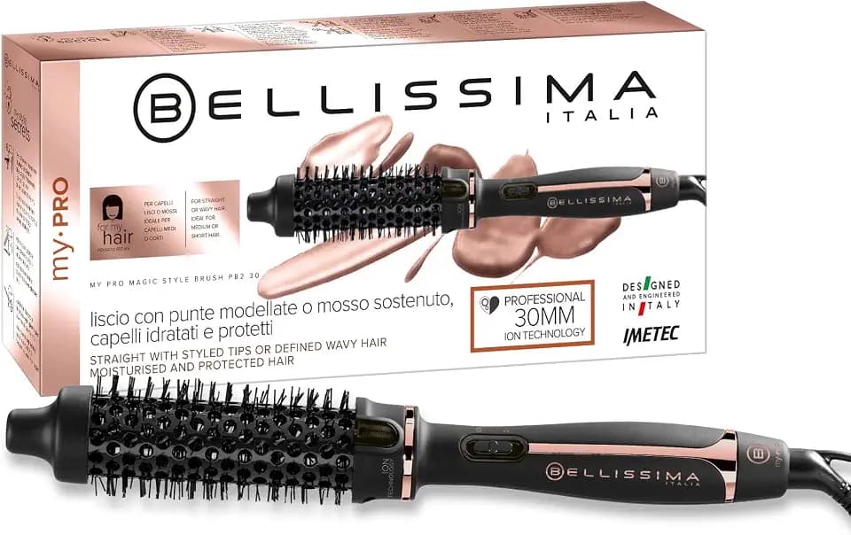 Bellissima My Pro Magic Style Brush P2 30, Warmluftbürste, natürlich wirkende glatte Haare oder definierte Locken, Durchmesser: 30 mm, Ionen-Technologie, Keramikbeschichtung, Mehrfachspannung