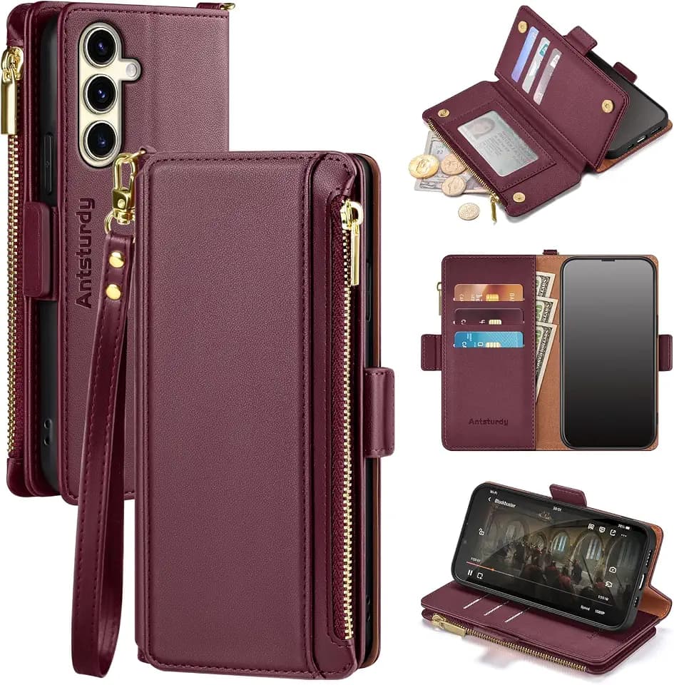 Antsturdy for Samsung Galaxy S25 Phone Wallet Case Women,Wine Red