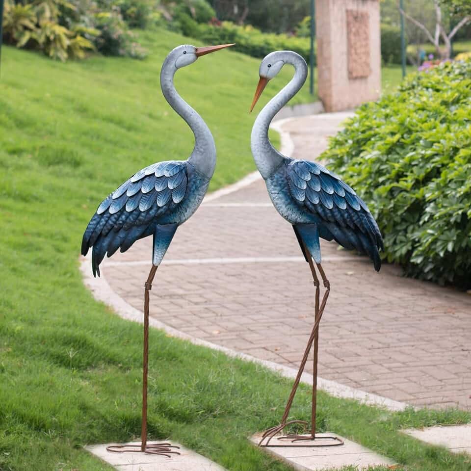 Kircust Outdoor Metal Blue Heron Statues Garden Crane Sculptures 48 Inch
