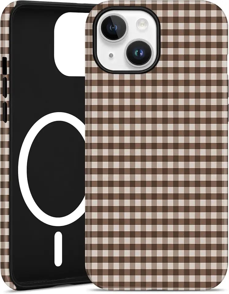 Magnetic Plaid Phone Case for iPhone 15 Plus, Brown