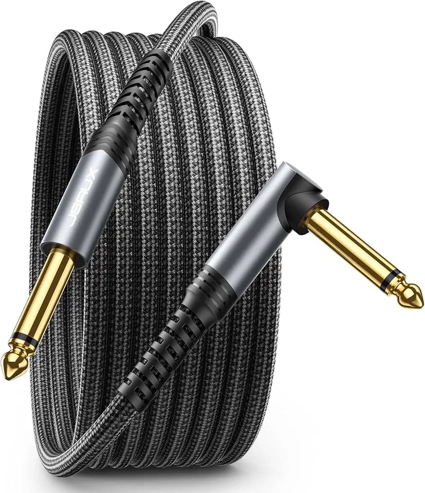 JSAUX Guitar Cable 10 ft, Amp Cord for Electric Guitar/Mandolin/Bass, Pro Audio Instrument Cable with 1/4" Tips(TS Port) Right Angle to Straight-Gray