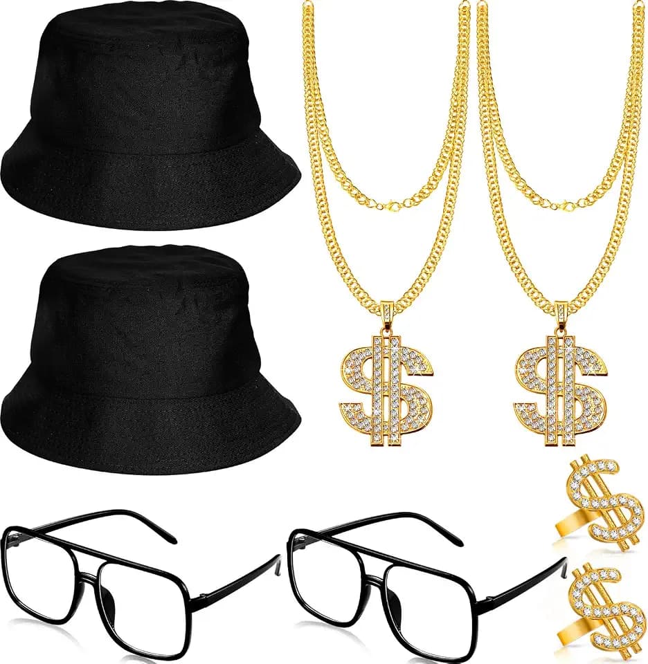 Gejoy 8 Pack Hip Hop Costume Set 80s 90s Rapper Hat Sunglasses Chain Ring