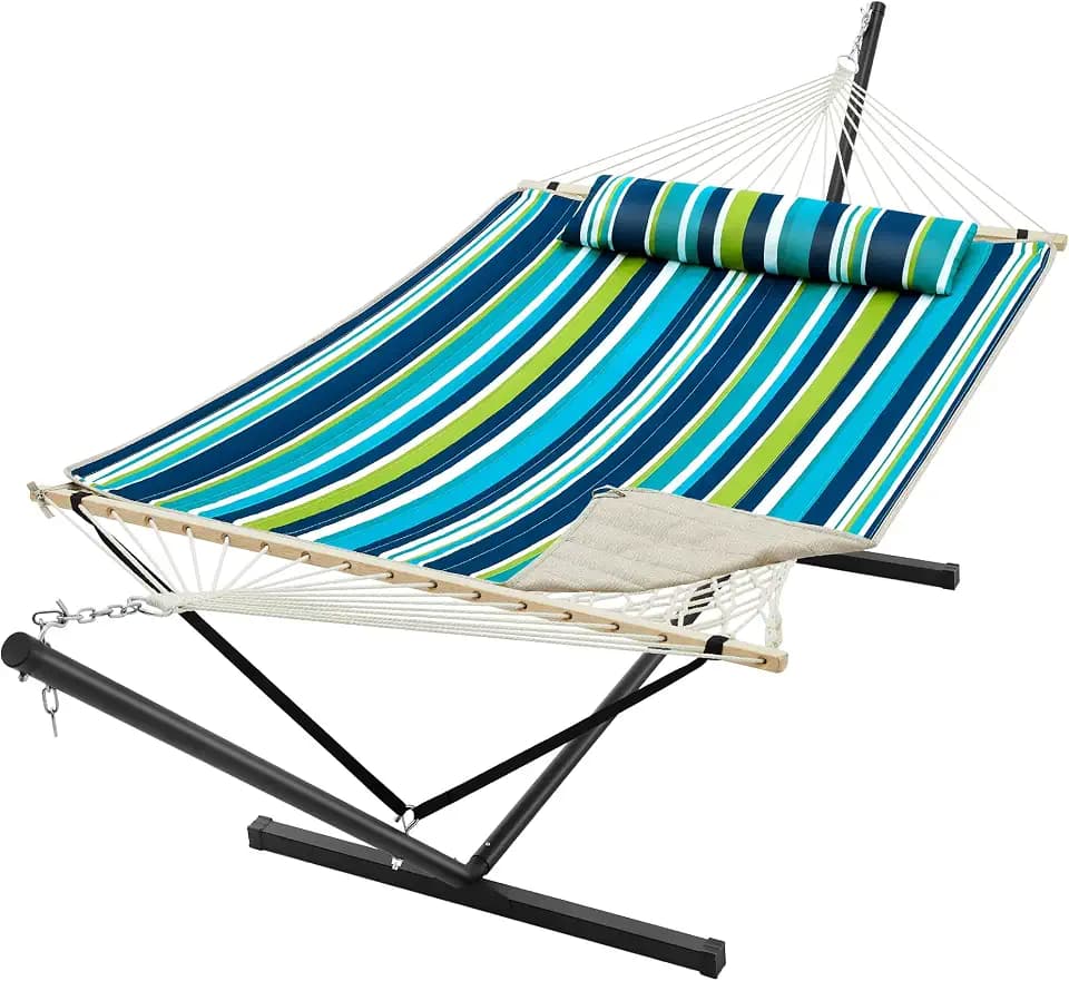 SUPERJARE 12ft Double Hammock with Stand, Rope Hammock for 2 Person, Detachable Hammock Bed and Pillow, Portable, Anti-Tip Safety Ropes, Carry Bag, Outdoor Backyard Patio Camping, Dark Cyan
