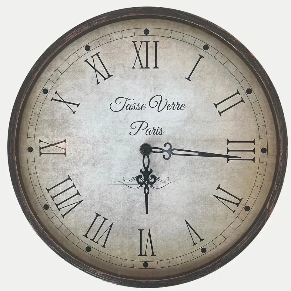 Tasse Verre 12 Inch Vintage Wall Clock - Farmhouse Decor Distressed White Washed Mechanical Quiet Silent - Retro Vintage Hanging Brown Non-Ticking Round