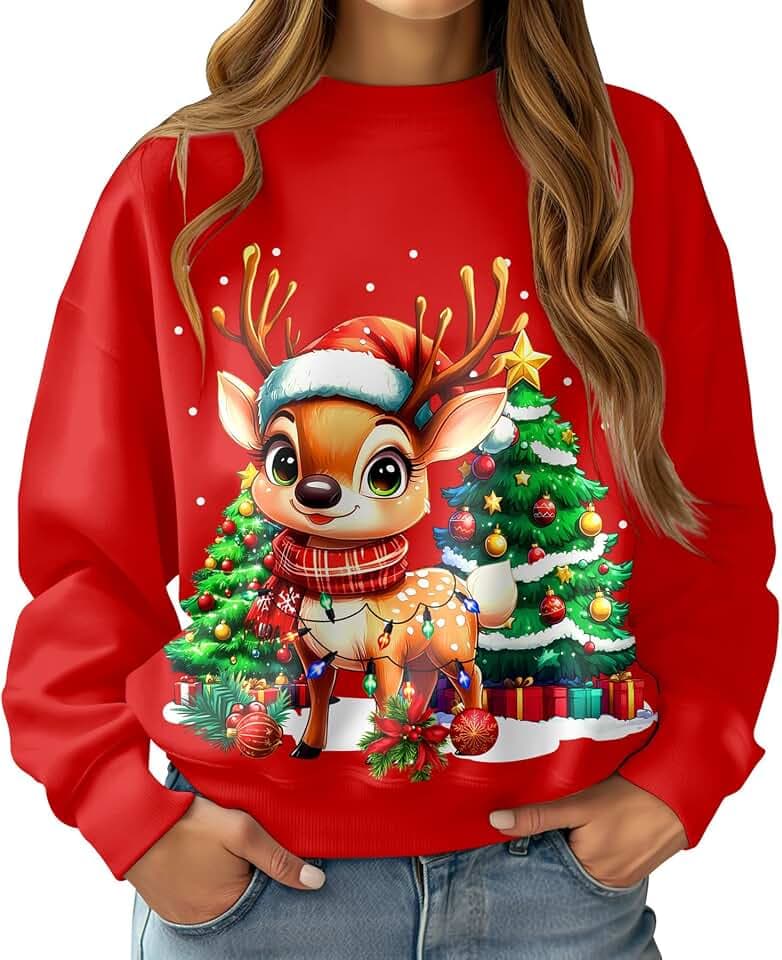 Fanient Weihnachts Sweatshirt Damen Langarm Rundhals Damen Weihnachten Oberteil Rentier Schneemann Weihnachtsfeier