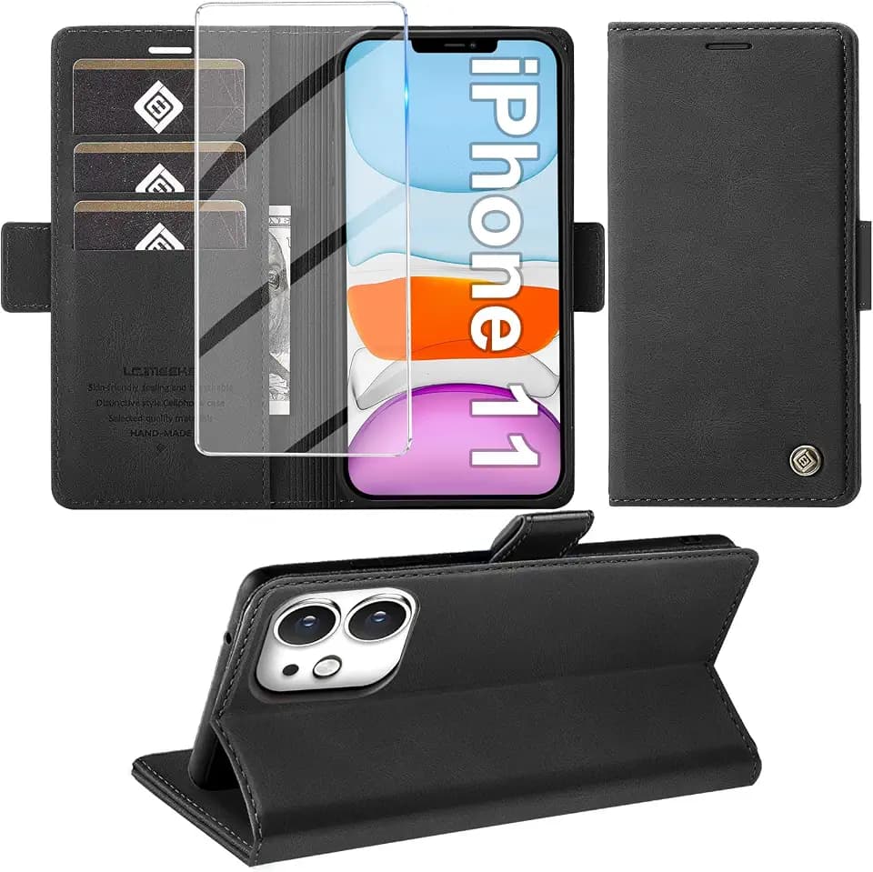 Giyer Handyhülle für iPhone 11 Hülle mit Schutzfolie, Standfunktion Kartenfach Wallet Premium Leder Schutzhülle für iPhone 11 5G 6.1 Zoll Flip Case Cover Stoßfeste Klapphülle (Schwarz)