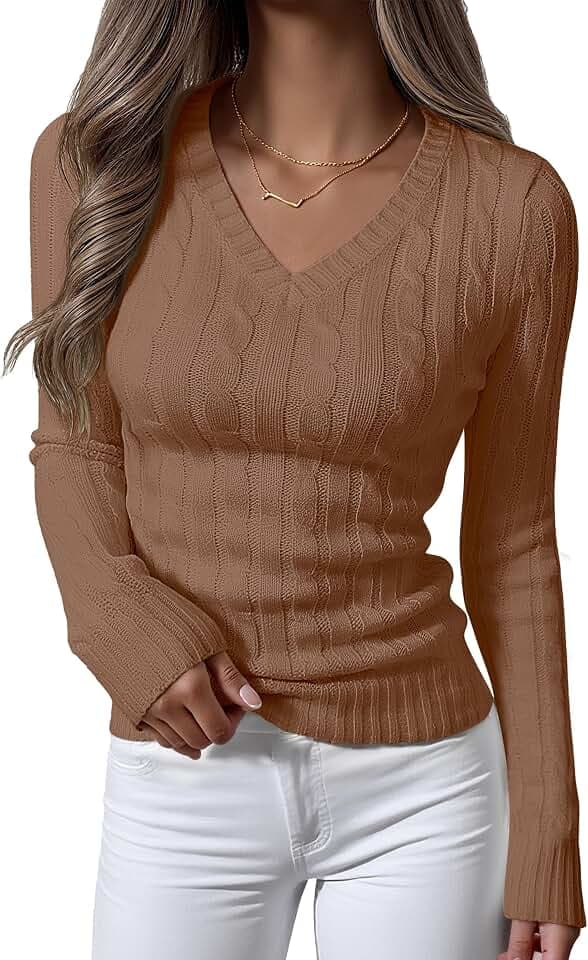 ANRABESS Women's Cable Knit V Neck Long Sleeve Fitted Sweaters Top