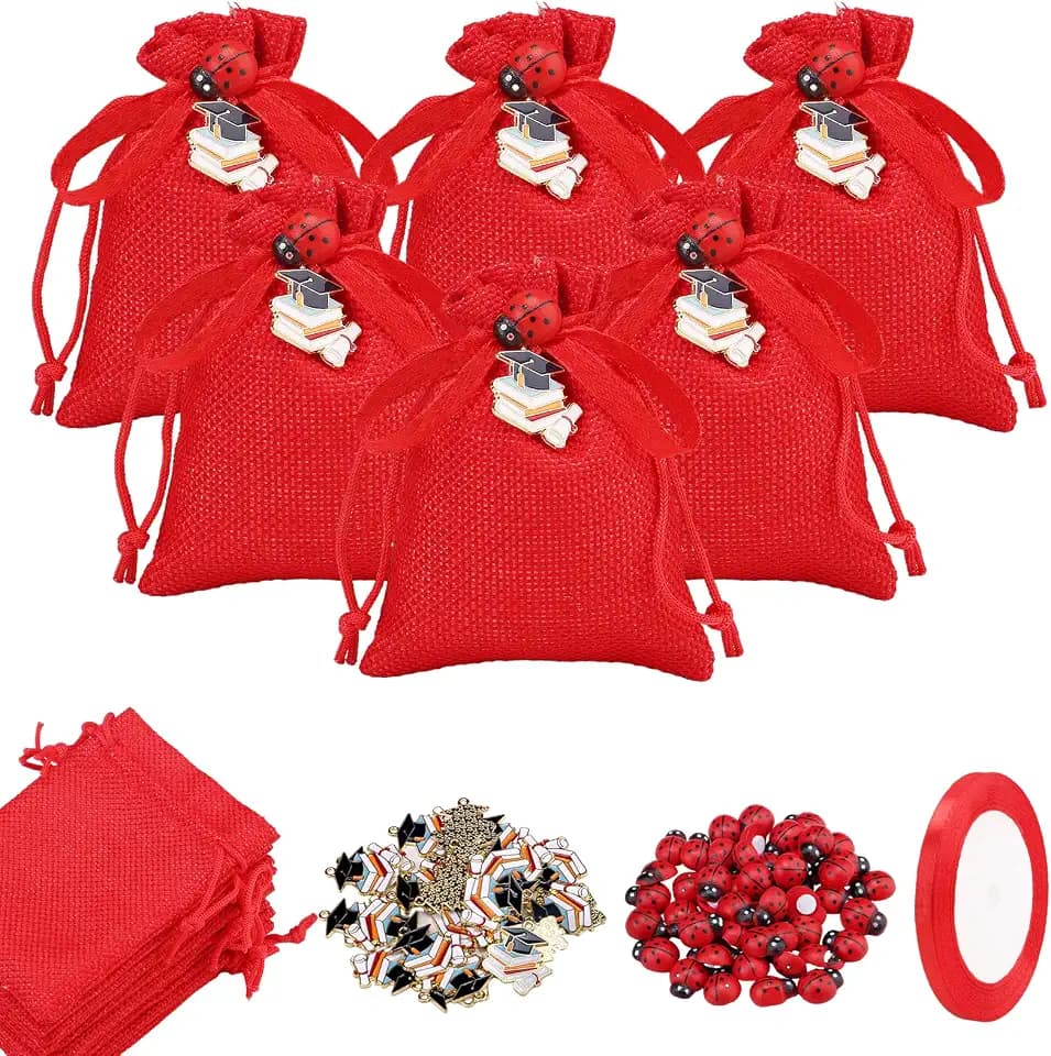 POFIBO 30 Stück rote Bonbonniere für Abschlussfeiern, Tüten, rote Jutesäckchen mit Abschlussfeier und Marienkäfer-Anhänger, ideal für Gastgeschenke, Abschlussfeiern und selbstgemachte Geschenke
