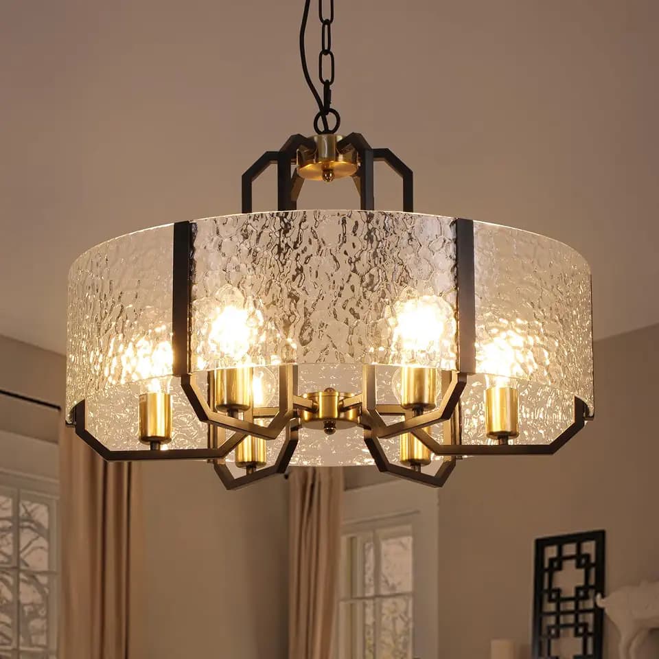 COCOSTAR Modern Glass Drum Chandeliers for Dining Room,6 Lights Farmhouse Crystal Chandelier,24" Vintage Foyer Lighting Fixtures,Black and Gold Pendant Lights for Kitchen Island,Bedroom,Living Room