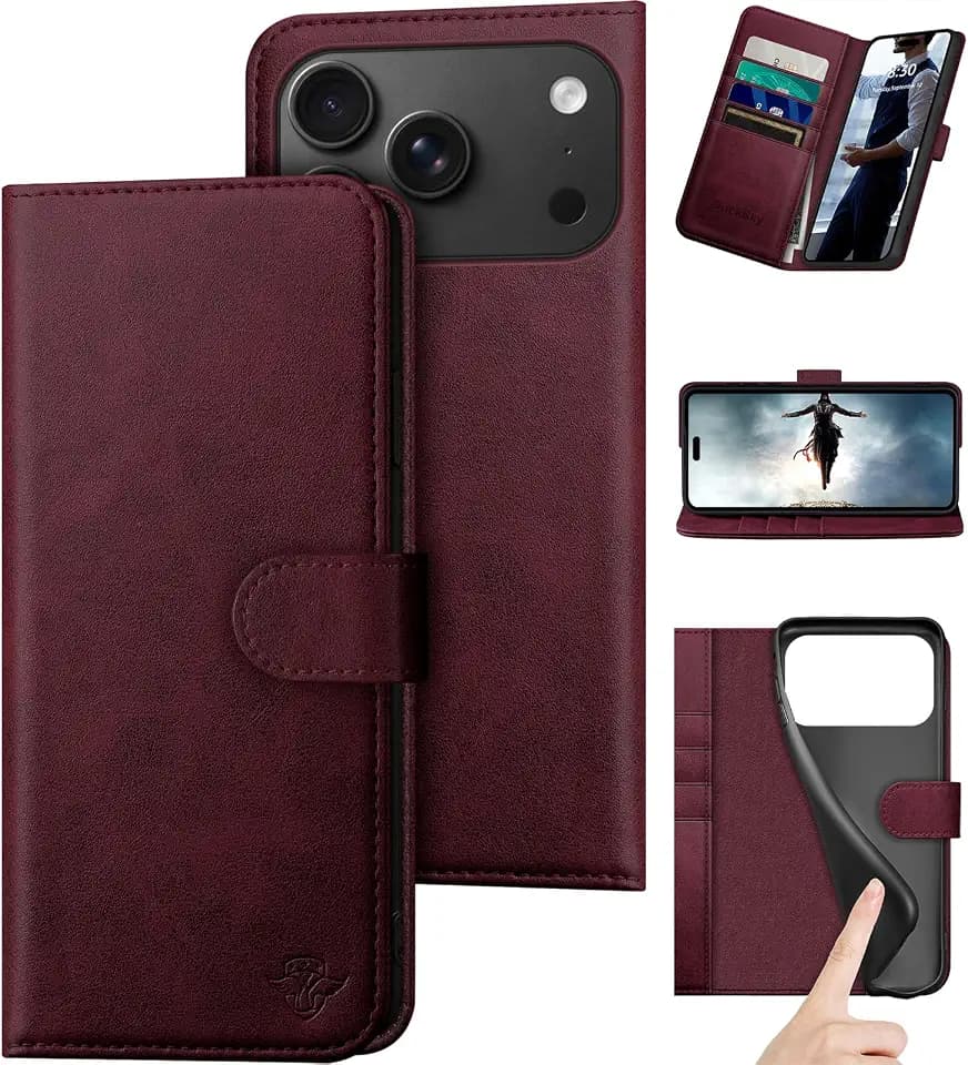 DuckSky Compatible with iPhone 18 Pro Max 6.9" Genuine Leather Wallet case【RFID Blocking】【4 Credit Card Holder】【Real Leather】 Flip Phone case Cover Women Men for Apple 18 Pro Max case Wine Red