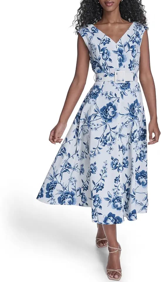Calvin Klein Women's Sleeveless V-Neck Belted A-Line Midi Dress