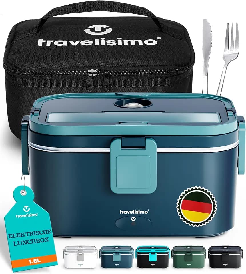 TRAVELISIMO XXL Elektrische Lunchbox Extra groß 1,8L Electric Lunch Box 100W, Beheizbare Lunchbox 3 in-1 Lunch Box Warmer 12V/24V/220V für Arbeit Auto Lkw Lunchbox Elektrisch & Aselbsterhitzende Dosen