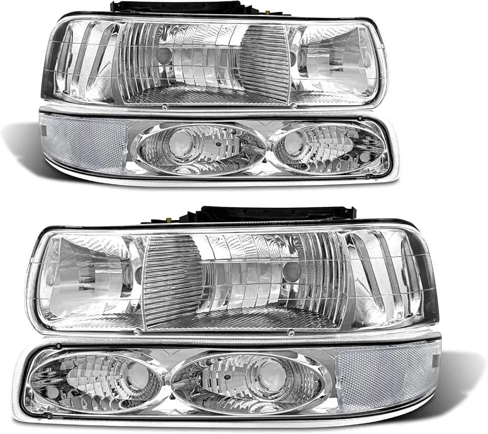 Headlight Assembly for 1999 2000 2001 2002 Chevy Silverado 1500 2500/1500HD 2500HD 3500/2000-2006 Tahoe/Suburban Chrome Housing with Clear Reflector