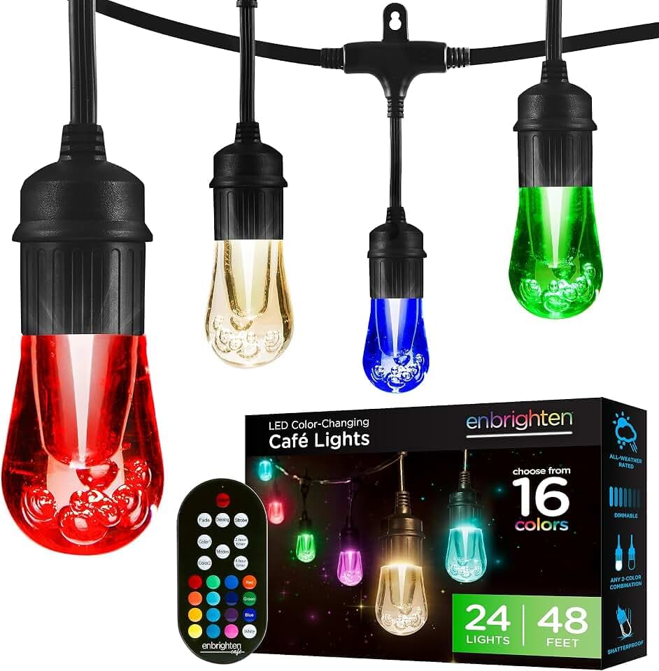 Enbrighten Vintage Outdoor String Lights, 48ft, 24 Bulbs, Remote Control