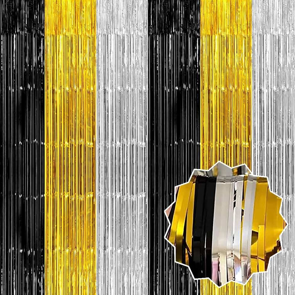 6 Pack Black Gold Silver Foil Fringe Curtains Backdrop, 3.28 x 8.2 Ft Metallic Streamers Tinsel Curtains Background for Photo Booth, Birthday, Weddings, Carnivals, Graduation, Themed Party Decorations