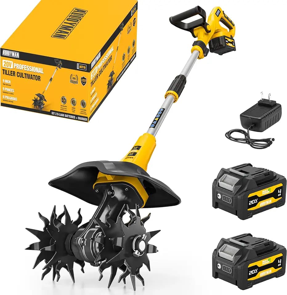 Alloyman 20V Cordless Tiller Cultivator, 330RPM Electric Tiller for Gardening with 2*4.0Ah Battery, 9" Tilling Width 6.5" Depth, Lightweight Adjustable Handle Rototiller for Gardening/Soil Cultivation