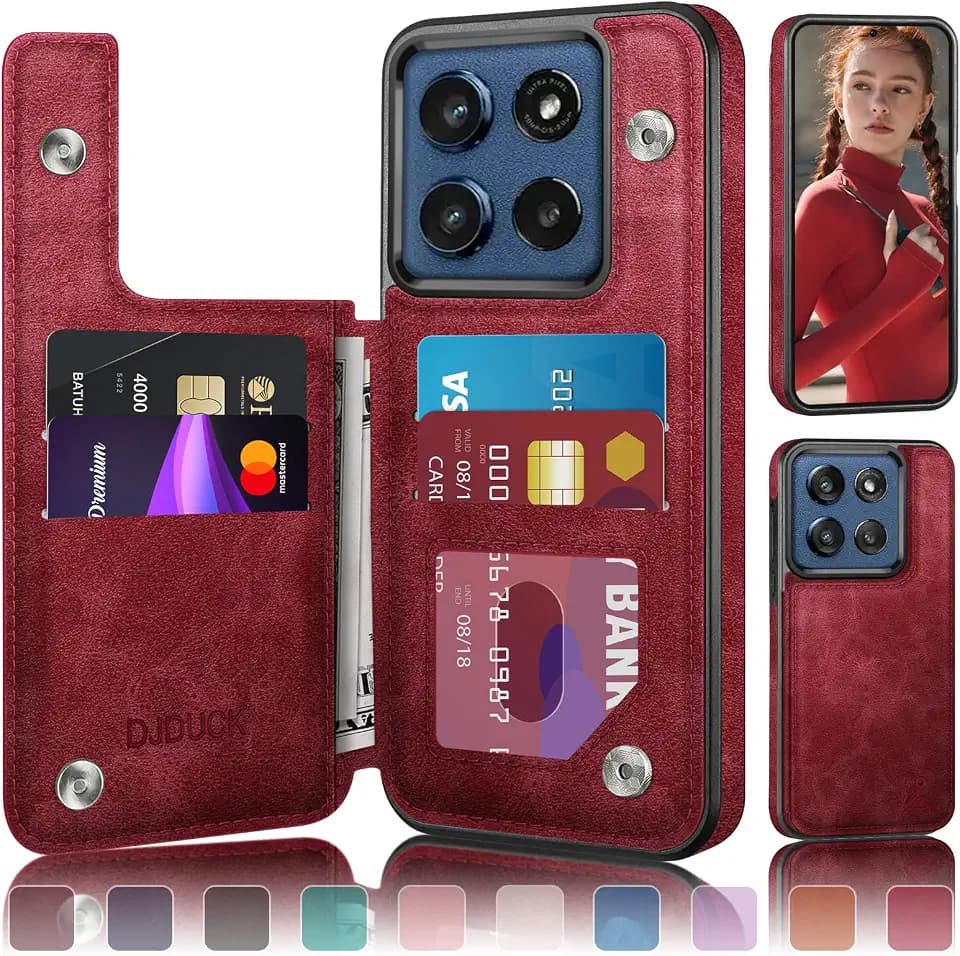DJDUCK Designed for Moto G Stylus 2025/Stylus 2026 Case Wallet with Card Holder, [Magnetic Clasp Cover] [RFID Blocking Leather Protection] Shockproof Women Men Cases for Moto G Stylus 2025 Red