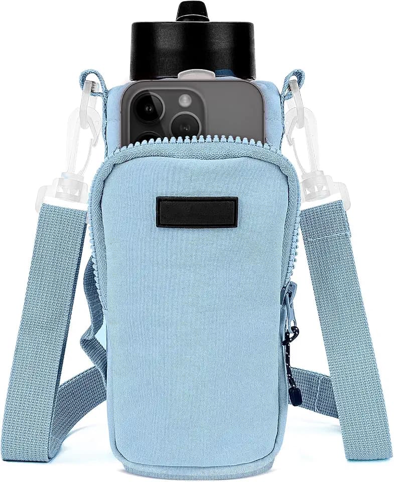 Linkidea Water Bottle Carrier with Strap Compatible with YETI Rambler Bottle 18oz/26oz, Owala FreeSip 24oz/32oz, Waterbottle Sling Bag Holder, Shoulder Strap with Phone Pocket (Blue)