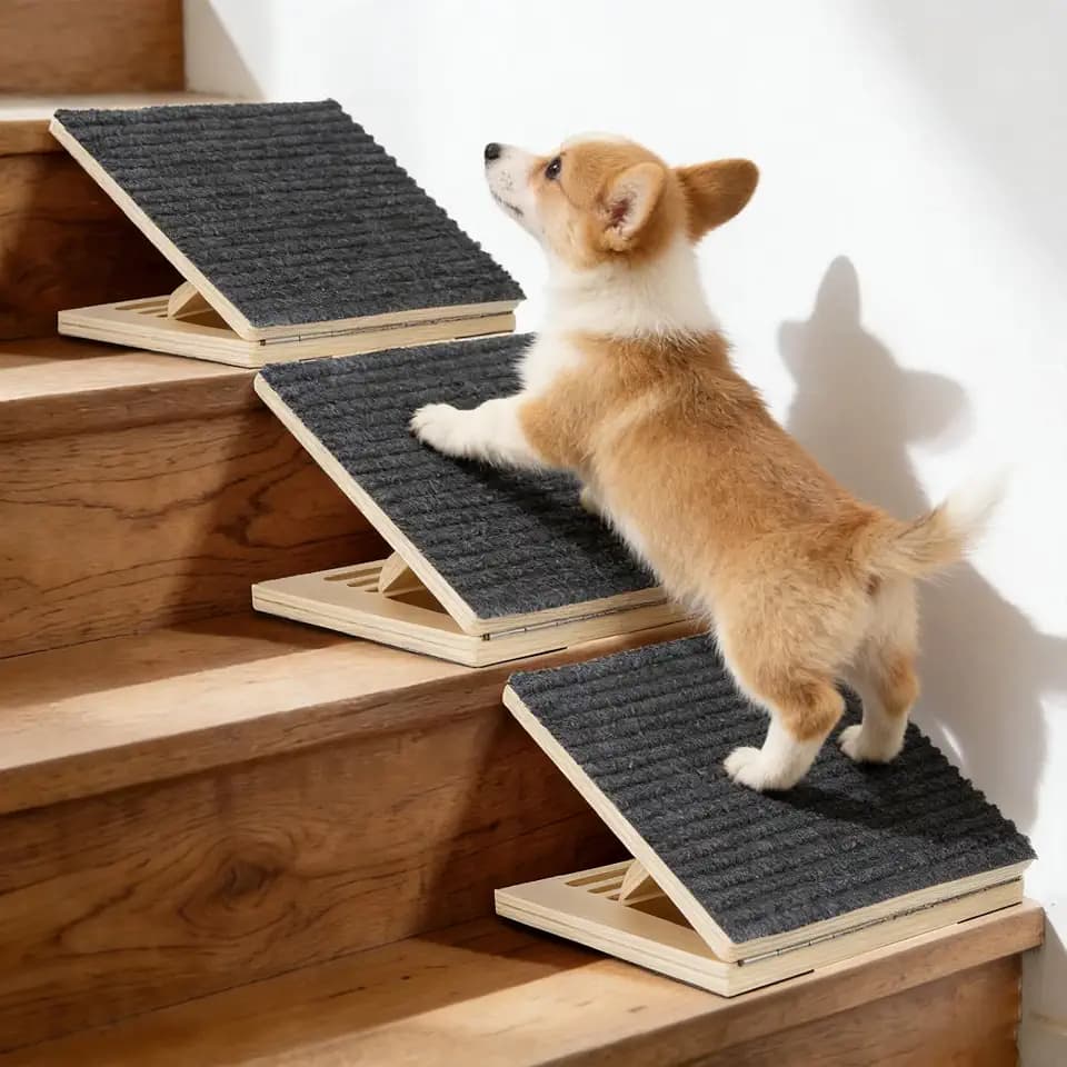Dog Ramp for Stairs, 3 Pack Wooden Dog Stair Ramps for Small Dogs Only, Foldable Non-Slip Pet Ramp for Short Indoor Stairs, Adjustable Step Support for Senior & Short-Legged Pets