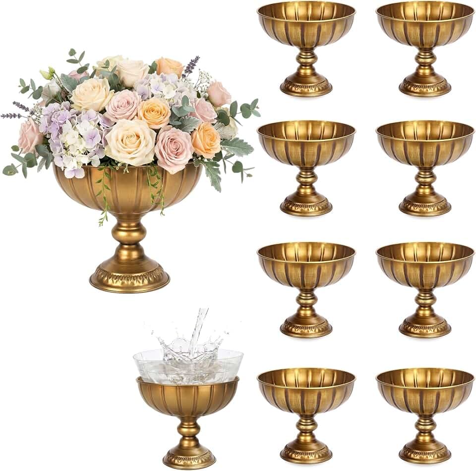 Large Vintage Gold Vases for Centerpieces Set of 10, Wide Opening Metal Pedestal Bowls with Waterproof Liners for Wedding Table Centerpieces, Party & Home Decor
