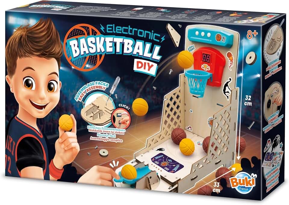 BUKI 2151 - Elektronischer Basketballkorb - DIY-Bausatz ab 8 Jahren – Ohne Löten montieren, 2 Spieler, 3 zusätzliche Geschicklichkeitsspiele enthalten – Maße 32×18×32 cm