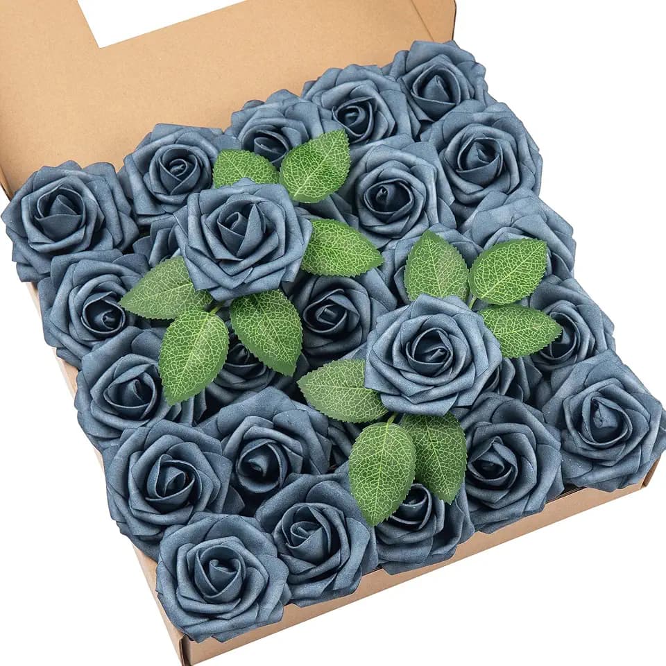 DuHouse 25Pcs Artificial Flowers Foam Roses with Stems(Dusty Blue)