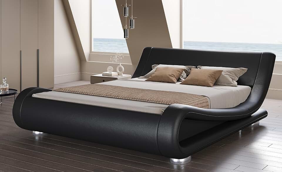 SHA CERLIN Full Size Sleigh Bed Frame, Low Profile, Faux Leather, Black