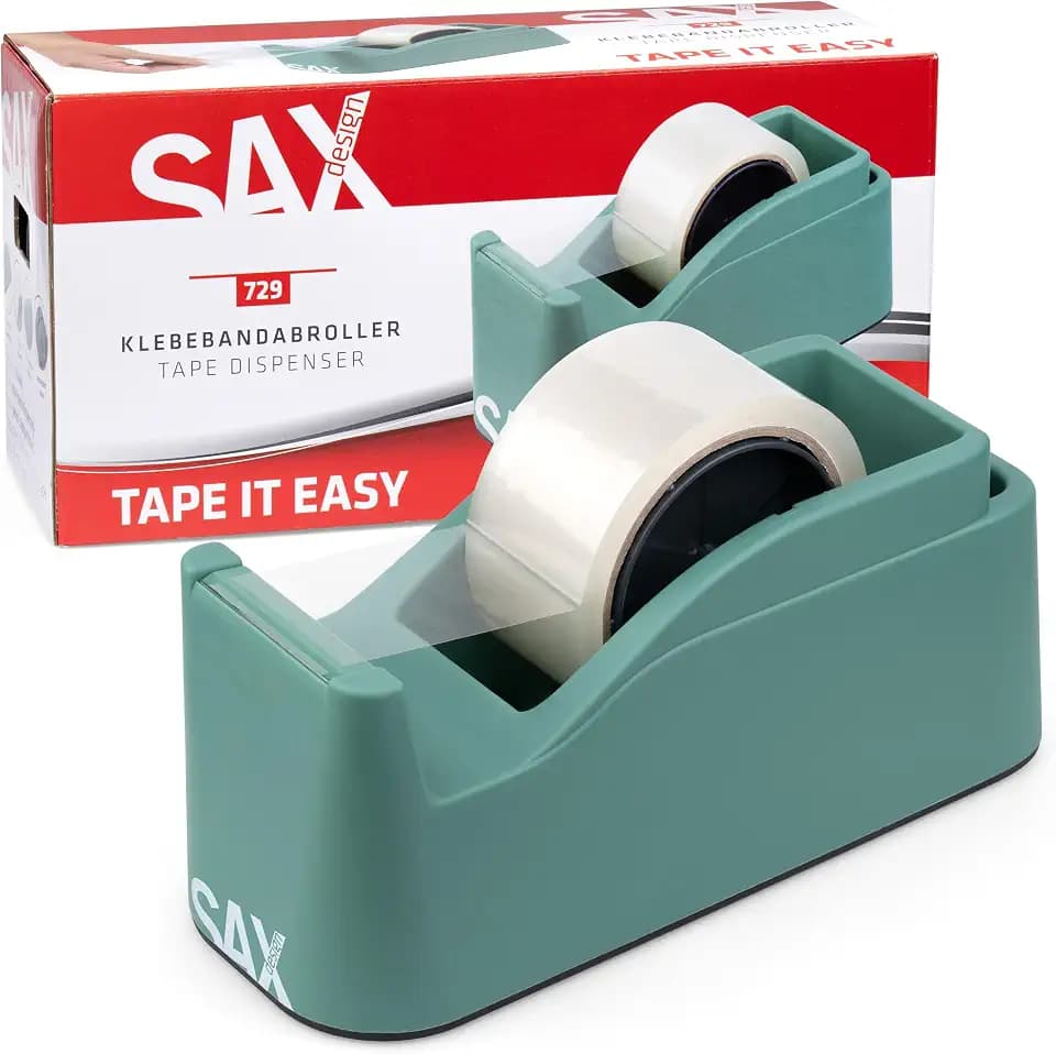 SAX Tape it Easy XXL Einhand Klebeband Abroller extra Schwer | für 1x 50mm Band oder 2x 25mm Band, Paketbandabroller mit Stiftehalter Funktion, rutschfest, inkl. doppelseitige Klinge, Salbeigrün