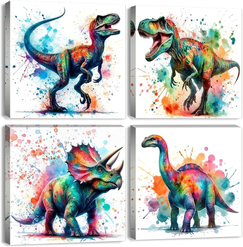 Watercolor Dinosaur Wall Art Kids Dinosaur Room Wall Decor Jurassic Park Animal Pictures Canvas Prints Graffiti Dino Artwork for Boys Bedroom Playroom Nursery Toddler Home Decoration 12x12" 4 Pcs