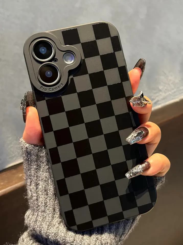 for iPhone 17 Case 6.3 Inch 2025, Aesthetic Checkered Goth Phone Case for Women Girls Men, Slim Silicone Protective Phone Cover for iPhone 17, Black Checkered