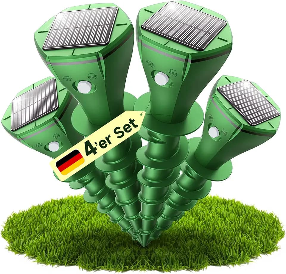 Maulwurf Vertreiber, Premium Solar Wühlmausschreck 4er Pack - Humane Ultraschall- & Vibrations-Abwehr gegen Maulwürfe & Wühlmäuse, Solarbetrieben, Wasserdicht IP65, Für Garten & Rasen Grün