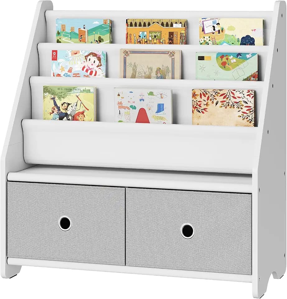 CHOEZON Kinder Bücherregal, Kinderregal, Spielzeug-Organizer, mit 3 Stofffächern und 2 herausziehbaren Spielzeugkisten, für Kinder 3-8 Jahre alt, für Kinderzimmer, Spielzimmer, Weiß und Grau DMCW06WT