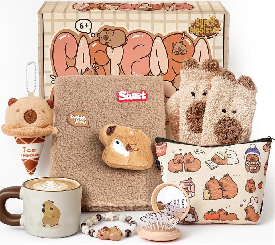 Capybara Kuscheltier Geschenke Mädchen 6-10Jahre, Capybara Schulsachen Set | Capybara Tasche & Plüsch Notizbuch & Becher & Socken, Spielzeug Kinder Geburtstag Geschenke Mädchen Jungen 5 6 7 8 9 Jahre