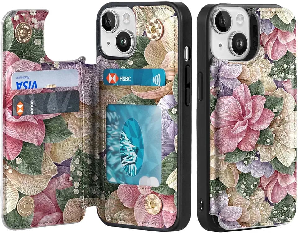 Wallet Case for iPhone 13, Leather Flip Folio Cover Magnetic Clasp Pocket with 3 Card Holder for iPhone 13 (A-Blossoms)