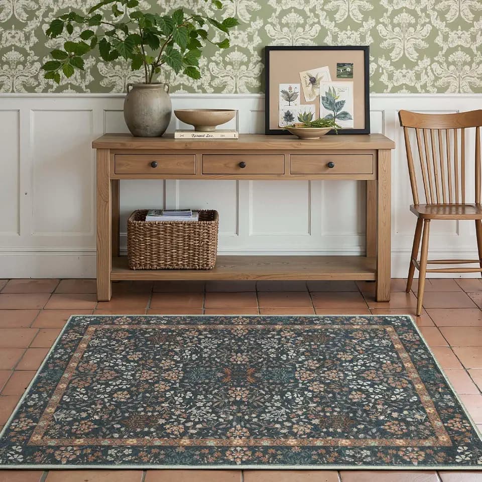 jinchan 3x5 Washable Living Room Area Rug, Vintage Floral, Dark Blue