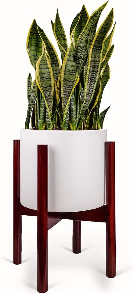 Mid Century Plant Stand and Pot Included Drainage Hole | Mid Century Modern Plant Stand with Large Ceramic Planter | Matte White Planter Pot | 10 inch Modern Planter Large Pot | White Pots for Plants