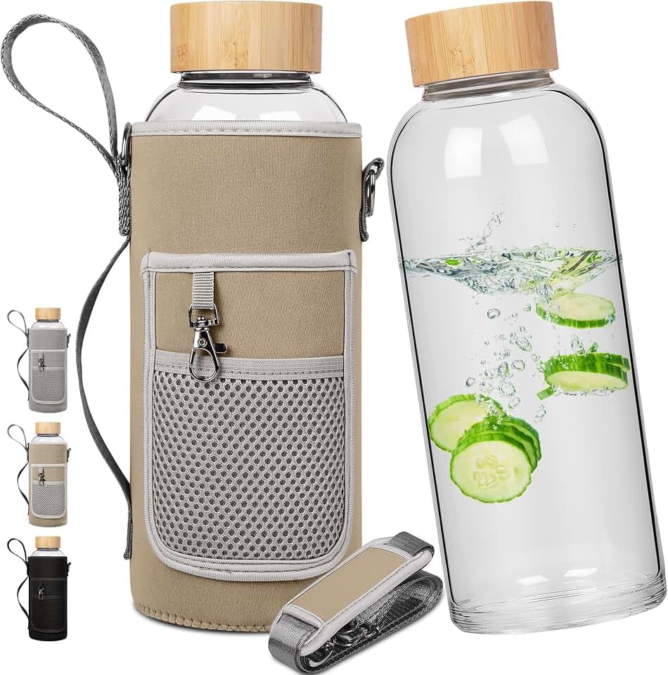 Glasflasche 1.5 Liter Sport Borosilikat Trinkflasche Glas Wasserflasche mit Bambus Deckel mit Neoprenhülle 1500 ml / 1.5 L