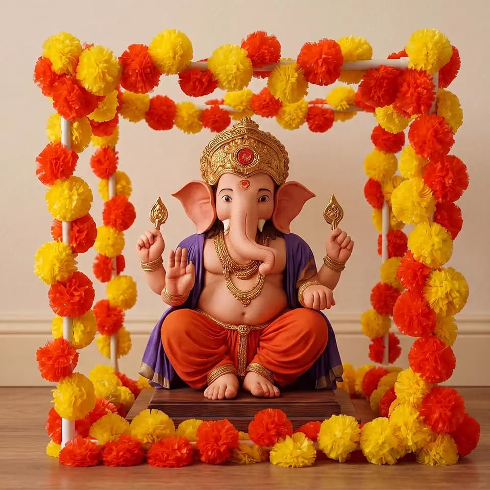 Marigold Garland with Makhar Mandap Stand for Ganpati Pooja Diwali Decor