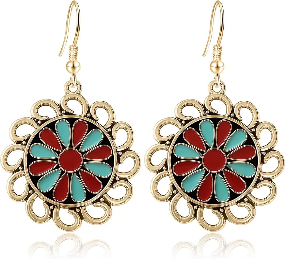 Handmade Bohemian Vintage Copper Enamel Flower Dangle Drop Earrings Unique Alloy Hollow Round Floral Hook Earrings For Women