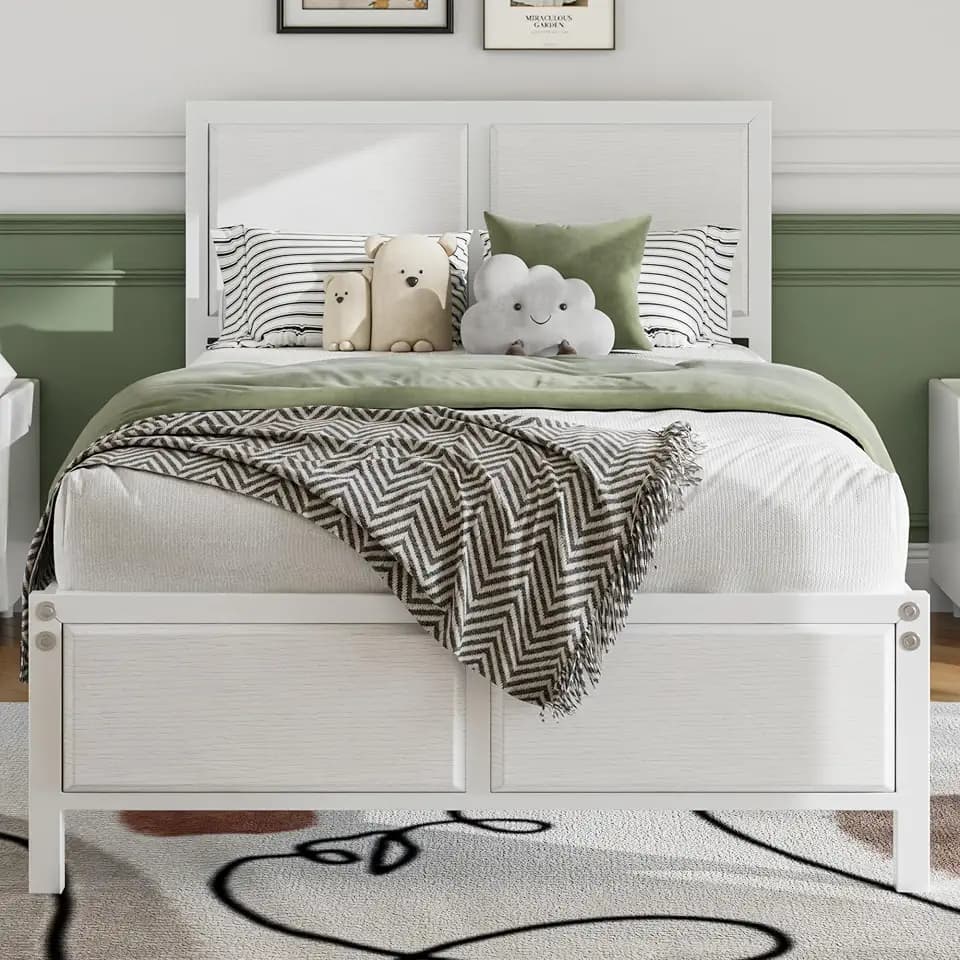 VECELO Twin Size Bed Frame with Headboard, Heavy-Duty Metal Platform Bedframe & Wood-Grain Finish Board, No Box Spring Needed, Easy Assembly, White
