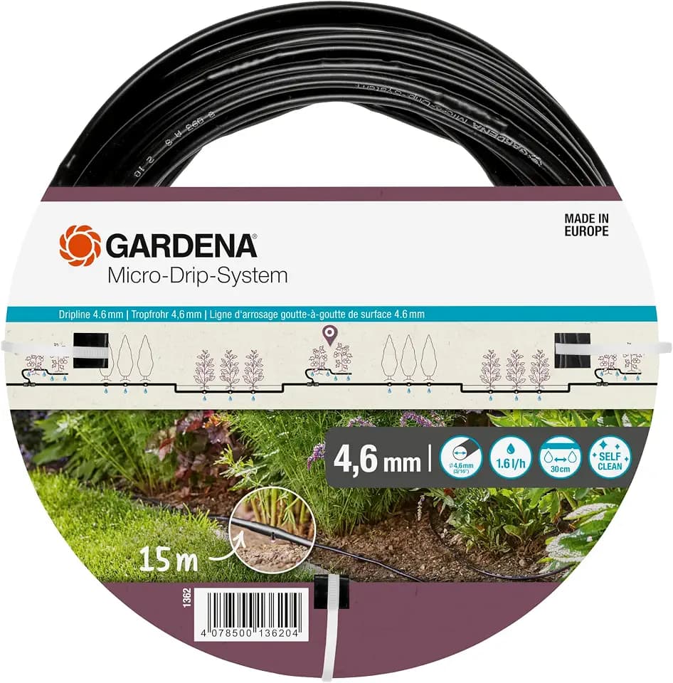 Gardena Micro-Drip-System Acryl Tropfrohr Oberirdisch 4,6m (3/16 Zoll): Tropfschlauch Zum Oberirdischen Verlegen, Wassersparend, Hochflexibel, 15m (1362-20)