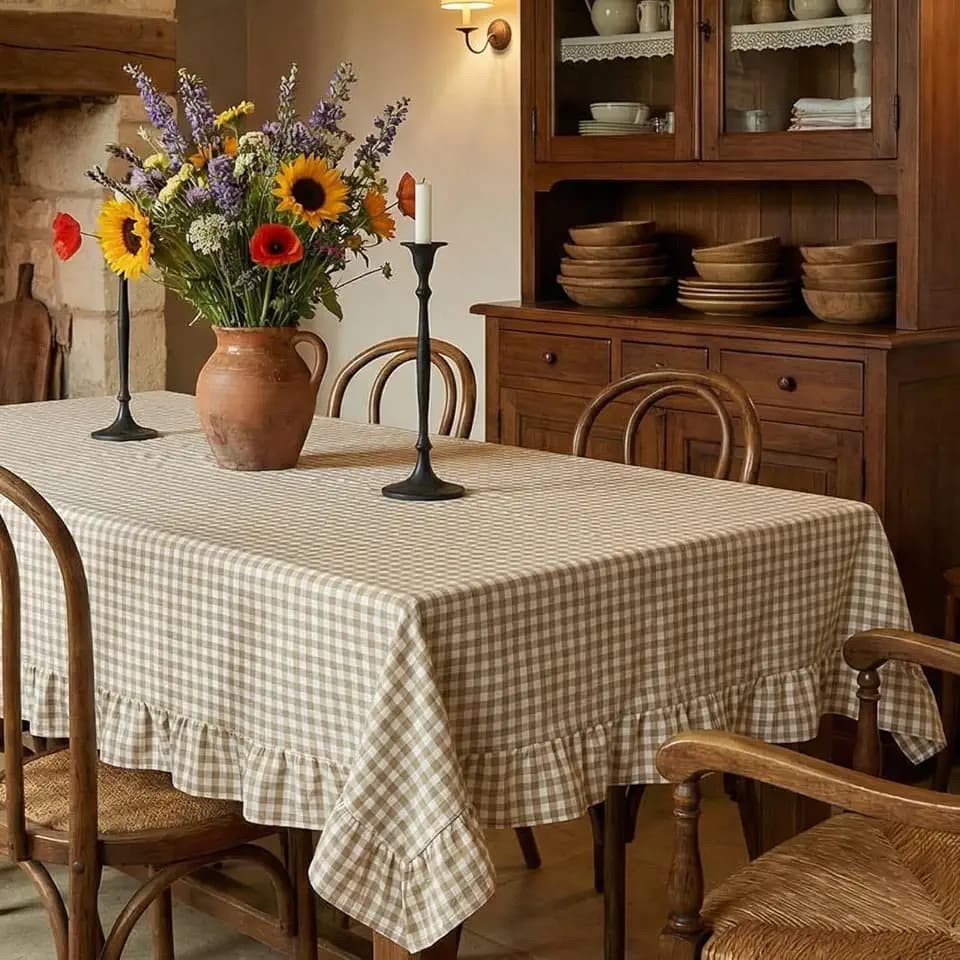 Mindsoft Light Brown Gingham Ruffled Tablecloth, 60 x 84 Inches, Rectangle