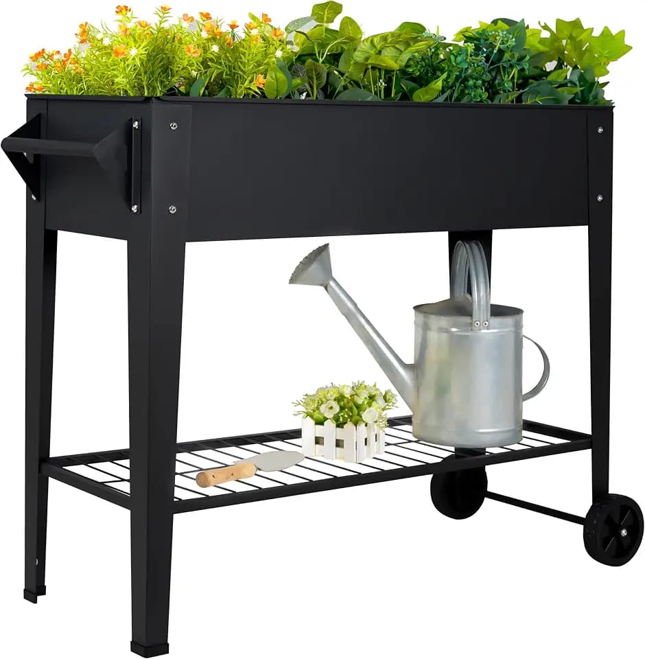 LEETOLLA 32-Inch Elevated Raised Garden Bed with Wheels and Storage Shelf